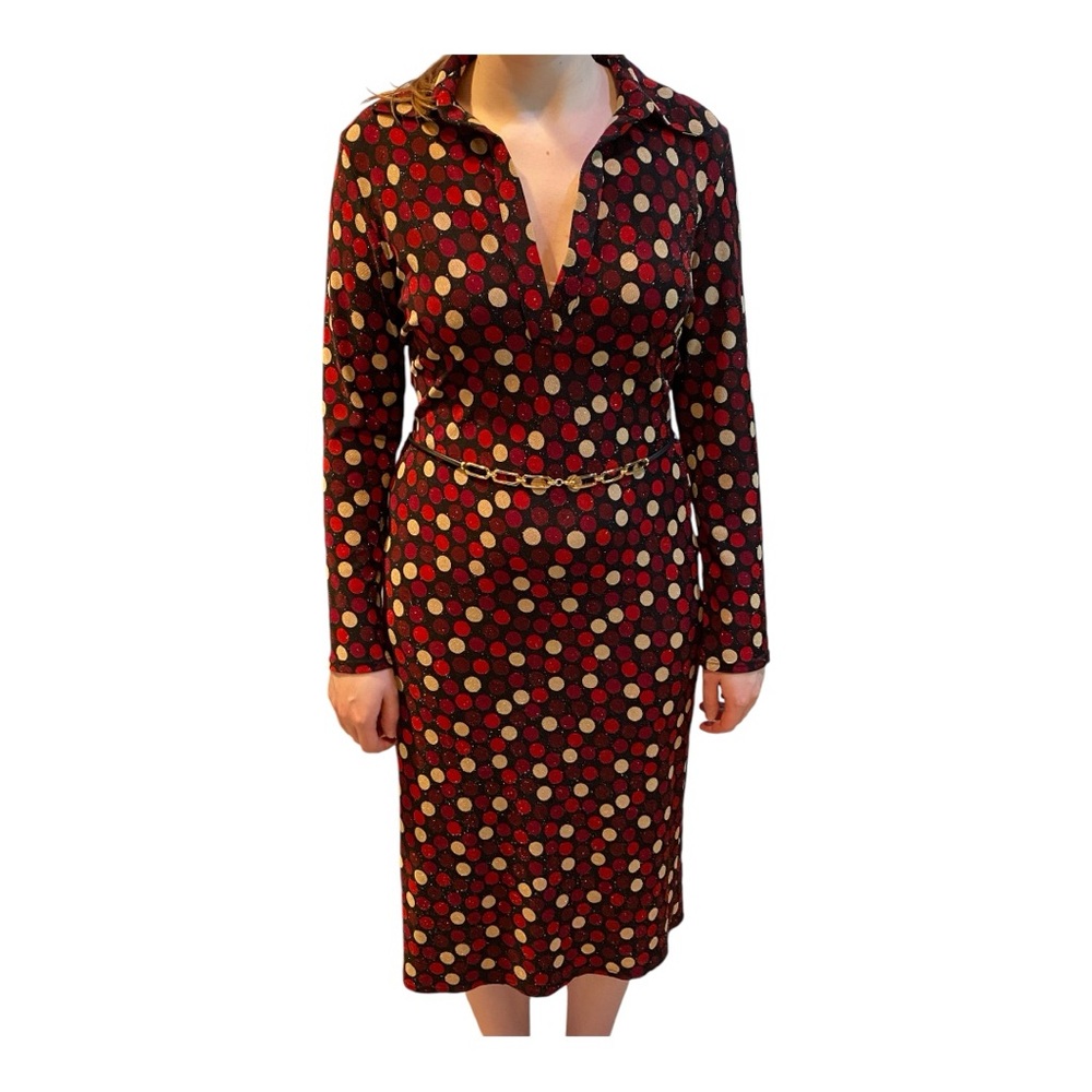 Sandro Midi Dress Size S Polka Dots Red/Black/Cream Mesh Belted Glam Ptp 18”